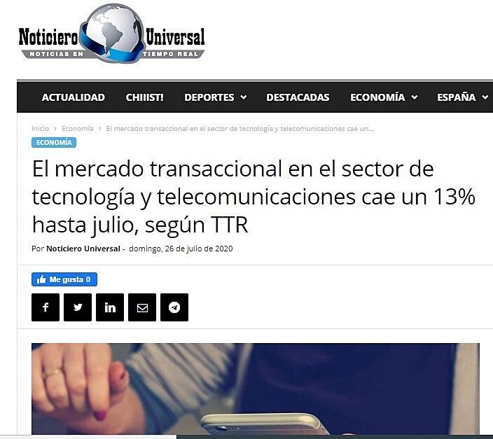 El mercado transaccional en el sector de tecnologa y telecomunicaciones cae un 13% hasta julio, segn TTR